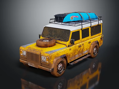 Vintage Yellow Muddy Off Road Vehicle With Roof Rack And Blue Kayaks 3d model