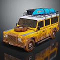 Vintage Yellow Muddy Off Road Vehicle With Roof Rack And Blue Kayaks