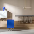 Modern Blue Side Table with Transparent Glass Legs and Wooden Shelf Design