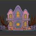 Halloween Themed Commercial Decoration Equipment With Purple Roof Pink House Lit Windows And Pumpkins
