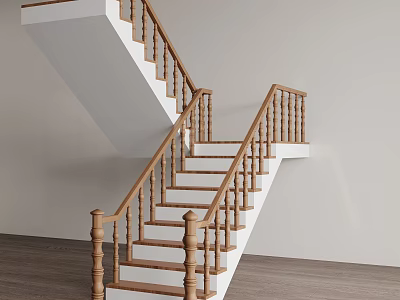 Modern Staircase Interior With Wooden Handrail White Steps And Wooden Floor 3d model