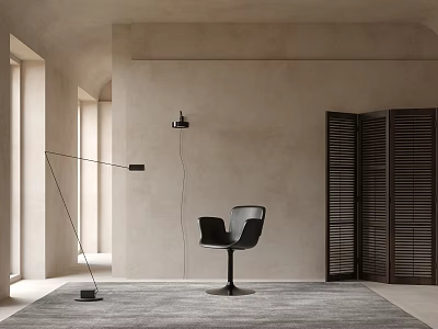 Minimalist Room Interior With Black Bar Stool Gray Carpet And Arched Windows 3d model