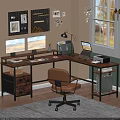 L Shaped Wooden Desk With Metal Frame Dual Monitors Laptop And Printer In Home Office