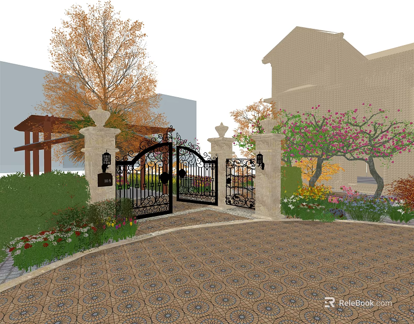 Wrought Iron Entry Gate with Stone Pillars Trees Pink Flowers and Patterned Paving 3d model 