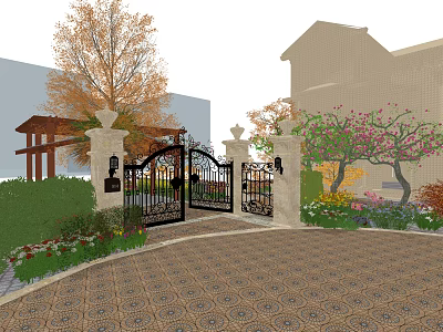 Wrought Iron Entry Gate with Stone Pillars Trees Pink Flowers and Patterned Paving 3d model