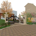 Wrought Iron Entry Gate with Stone Pillars Trees Pink Flowers and Patterned Paving