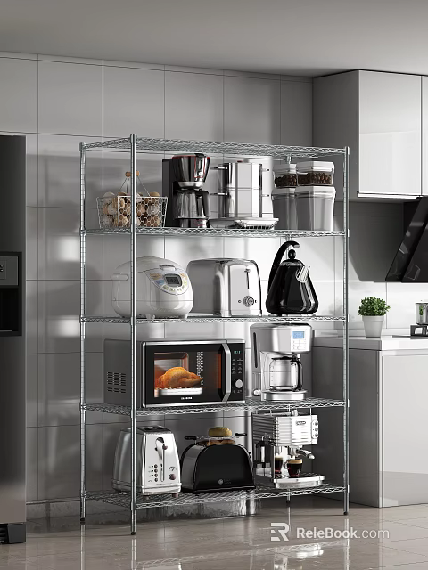 Metal Kitchen Storage Shelf Organizing Appliances Coffee Maker Toaster Microwave and Baskets 3d model 