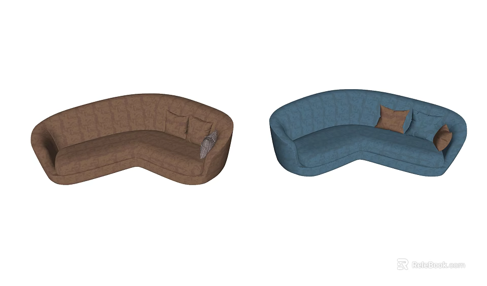 Modern Curved Sectional Sofa In Brown And Blue With Decorative Pillows 3d model