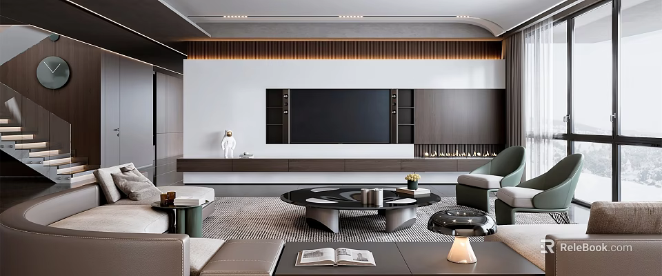 Modern Duplex Living Room Interior Design With TV Wall Sofa Coffee Table And Rug 3d model 