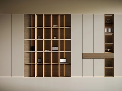 Modern Wall Storage System Featuring Wooden White Shelves And Decorative Books 3d model