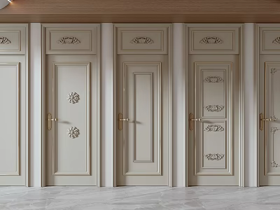 Classic Light Colored Hinged Doors With Intricate Carvings And Golden Handles 3d model