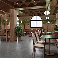 Restaurant Interior Design With Arched Windows Wooden Columns Pendant Lights And Green Plants