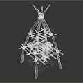 Stone Wood Structure with Pyramid Wooden Frame and Animal Stone Carvings