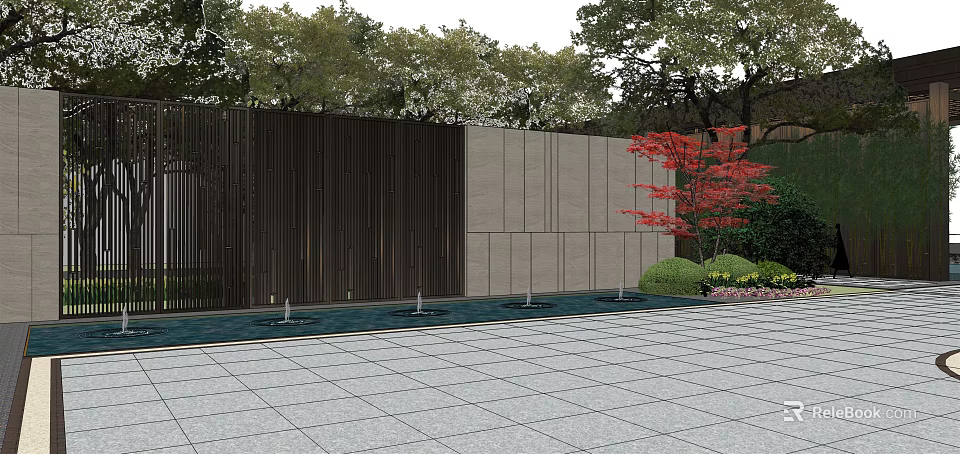 Modern Garden Landscape with Vertical Slat Wall Water Feature and Red Maple Tree 3d model 