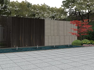 Modern Garden Landscape with Vertical Slat Wall Water Feature and Red Maple Tree 3d model