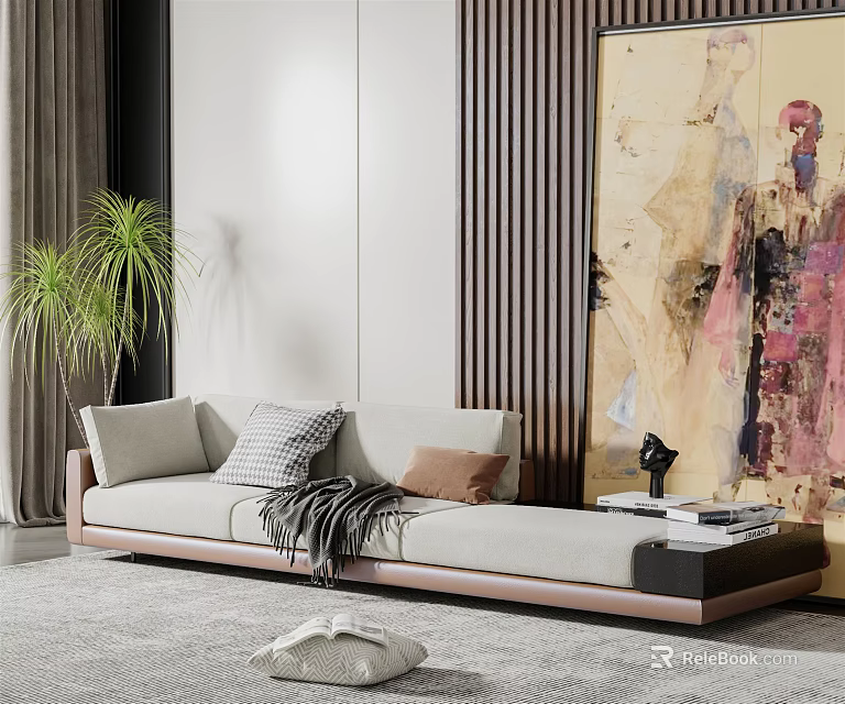 Modern Three Seater Sofa With Plush Pillows Throw Blanket And Indoor Plant 3d model 