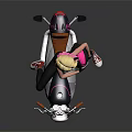 Blonde Pink Haired Female Game Movie Character Riding Mechanical Jetpack Holding Pink Helmet