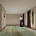 Modern Elevator Hallway With Green Carpet Decorative Art Recessed Lighting And Textured Walls