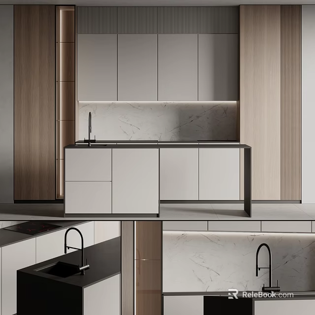 Modern Kitchen Interior Design With Wooden White Cabinets And Marble Countertop 3d model 