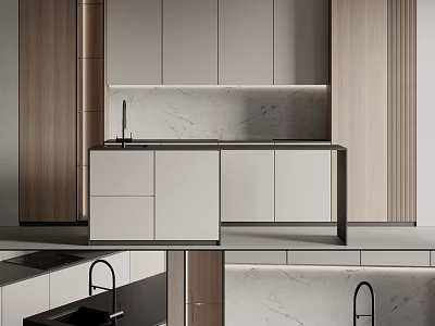 Modern Kitchen Interior Design With Wooden White Cabinets And Marble Countertop 3d model
