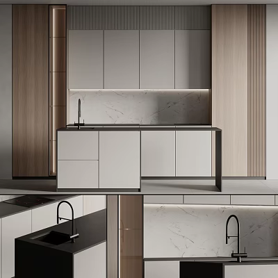 Modern Kitchen Interior Design With Wooden White Cabinets And Marble Countertop 3d model