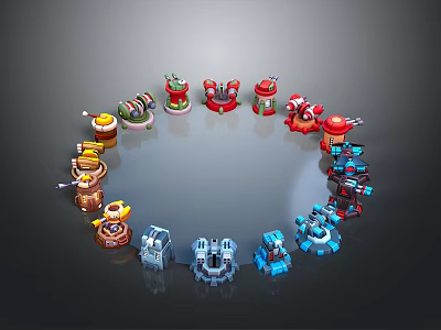 Colorful Mechanical Robots Arranged In Circular Pattern On Dark Background 3d model