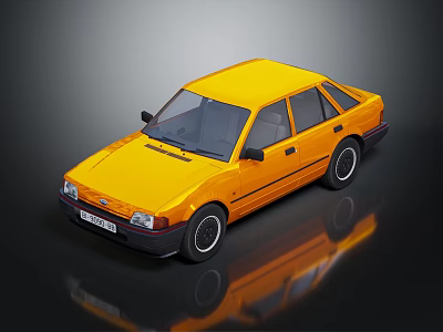 Yellow Classic Compact Sedan with Black Bumper and Wheels on Reflective Black Background 3d model