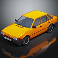 Yellow Classic Compact Sedan with Black Bumper and Wheels on Reflective Black Background 3d model