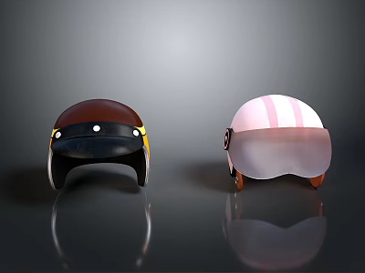 Weapon Themed Helmets With Brown And Pink Patterns And Goggles On Reflective Black Surface 3d model