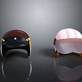 Weapon Themed Helmets With Brown And Pink Patterns And Goggles On Reflective Black Surface 3d model