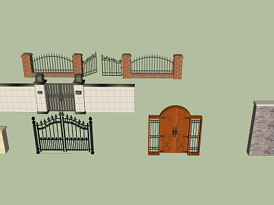 Various Entrance Gates Designs Including Iron And Wooden Styles With Brick Walls 3d model