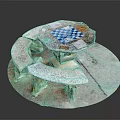 Outdoor Stone Furniture Set With Mosaic Chessboard Table And Curved Benches
