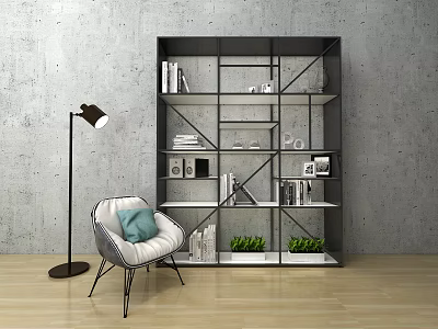 Modern Bookshelf With Books Decor Plants Near Armchair Floor Lamp Against Gray Wall Wooden Floor 3d model
