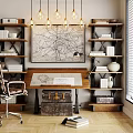 Vintage Wooden Desk With Map Drawings Shelves Books Trunk And Pendant Lights
