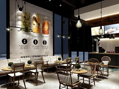 Modern Stylish Restaurant Interior With Wooden Dining Chairs Tables Hanging Lights And Wall Posters 3d model