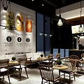 Modern Stylish Restaurant Interior With Wooden Dining Chairs Tables Hanging Lights And Wall Posters