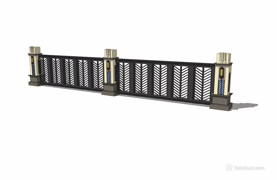 Building Exterior Wall Railing With Intricate Leaf Pattern And Decorative Columns With Lighting Fixtures 3d model 