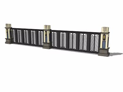 Building Exterior Wall Railing With Intricate Leaf Pattern And Decorative Columns With Lighting Fixtures 3d model