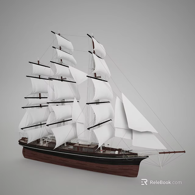 Tall Sailing Ship With Multiple Masts White Sails Dark Hull And Rigging 3d model 