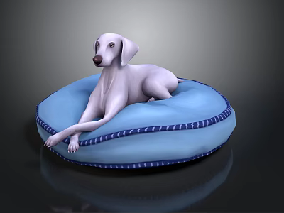 White Dog Lying On Blue Round Cushion With Decorative Trim 3d model