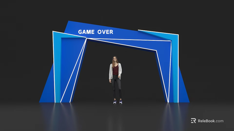 Modern Blue Archway With Game Over Text And Person Standing Under 3d model 