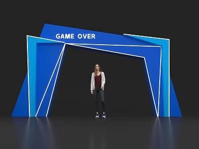 Modern Blue Archway With Game Over Text And Person Standing Under 3d model