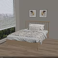 Single Bed with Wooden Headboard Patterned Quilt Pillows and Window Blinds Green Trees View 3d model