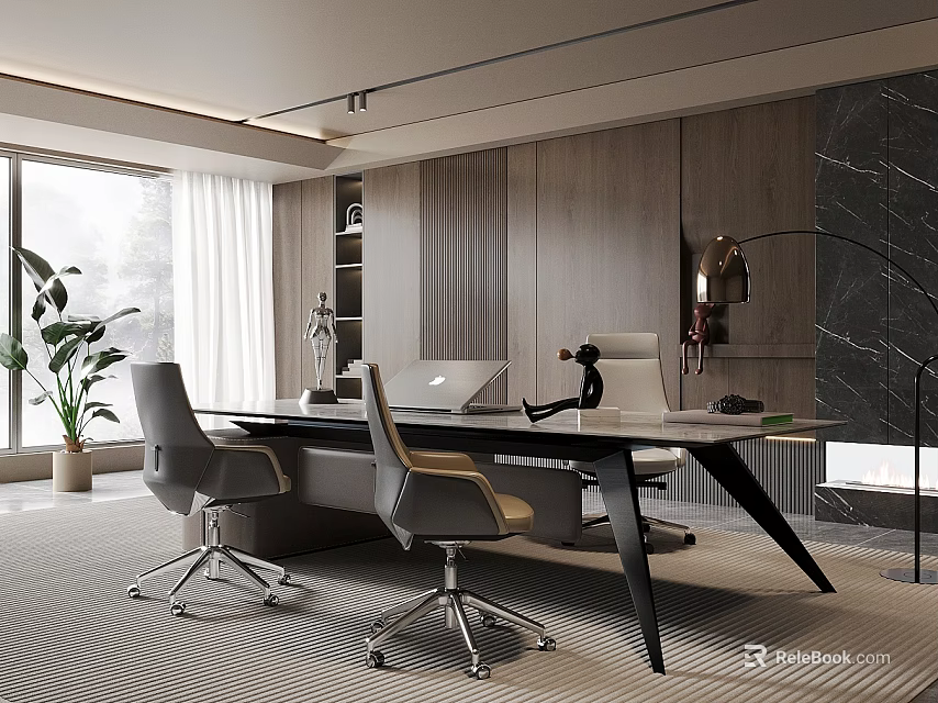 Modern Office Interior Design With Large Windows Wooden Walls Marble Decor Desk And Chairs 3d model 