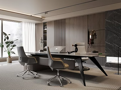 Modern Office Interior Design With Large Windows Wooden Walls Marble Decor Desk And Chairs 3d model