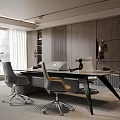 Modern Office Interior Design With Large Windows Wooden Walls Marble Decor Desk And Chairs