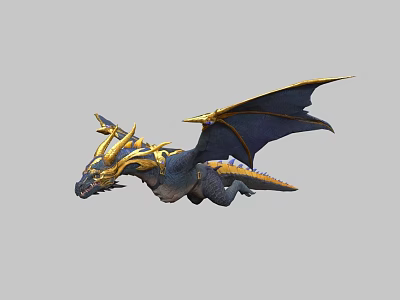 Detailed 3D Blue and Gold Flying Dragon with Extended Wings in Flight 3d model