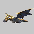 Detailed 3D Blue and Gold Flying Dragon with Extended Wings in Flight