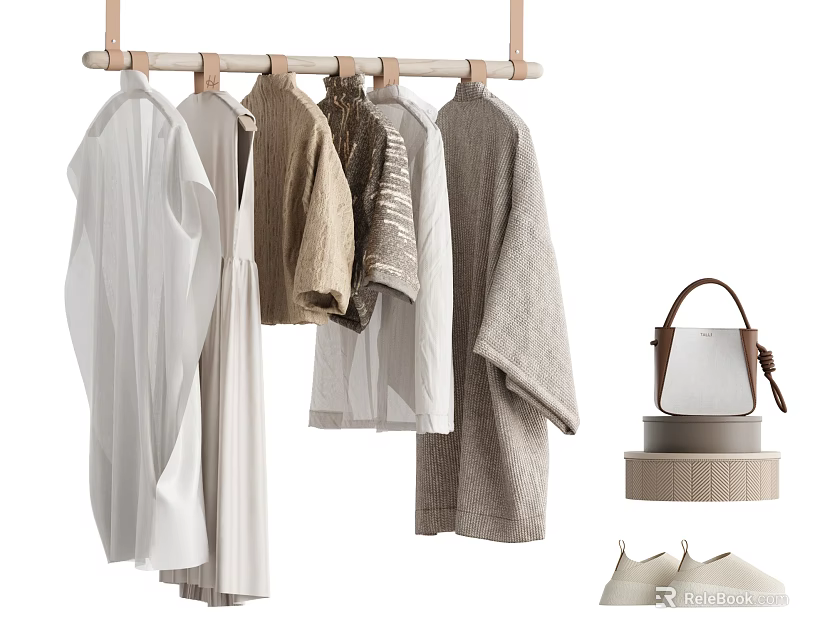 Light Colored Clothes Hanging On Wooden Rod With Matching Bag And Shoes 3d model 