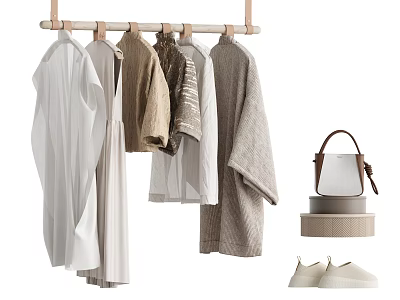 Light Colored Clothes Hanging On Wooden Rod With Matching Bag And Shoes 3d model